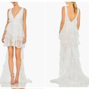 NWT Mac Duggal 55320 White High Low Ruffle Tiered Gown With Built In Bodysuit 6